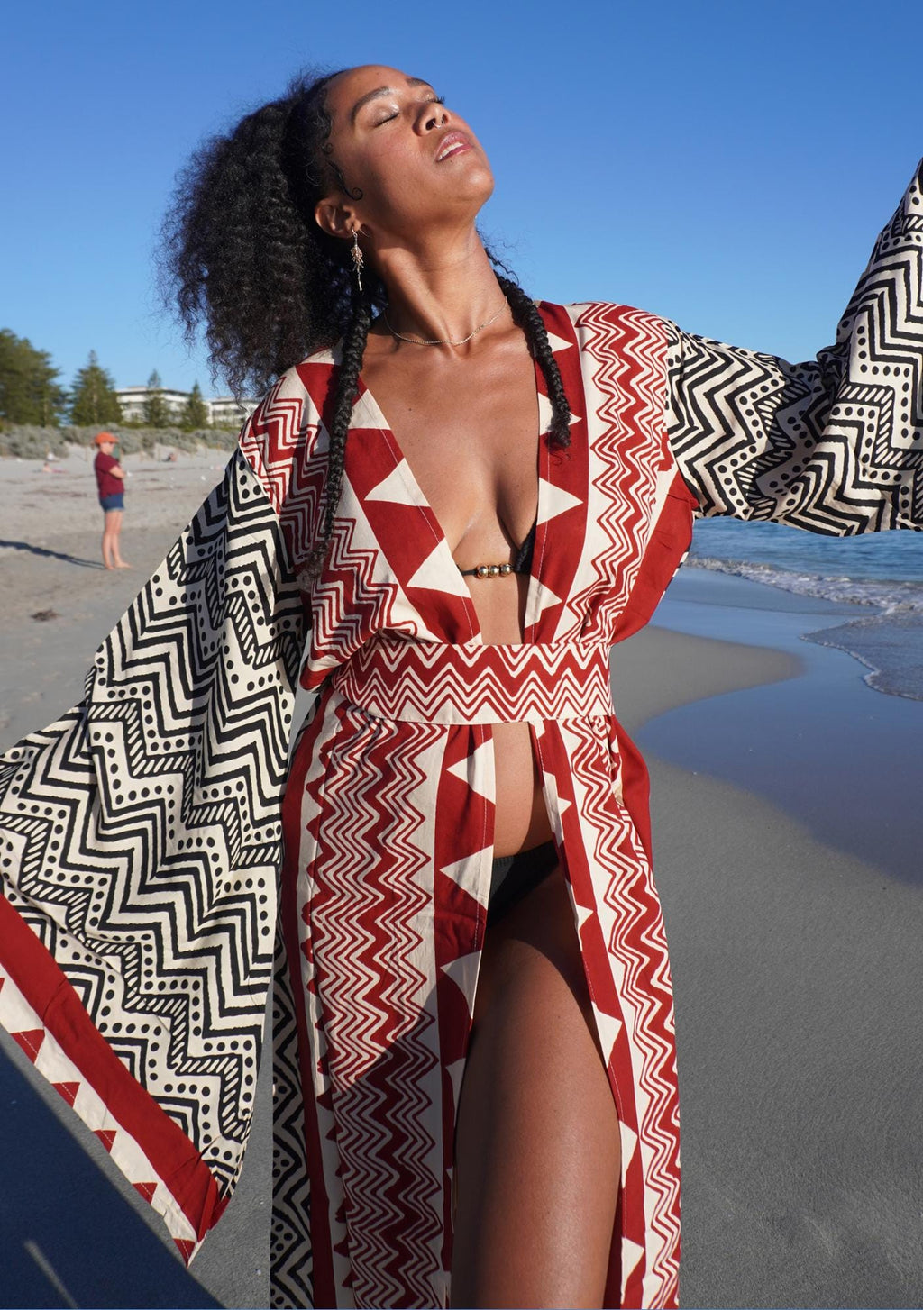 Tribal Print Kimono Robe – Boho Beach Cover Up | Handmade South American-Inspired Duster | Bold Red & Black Geometric Design