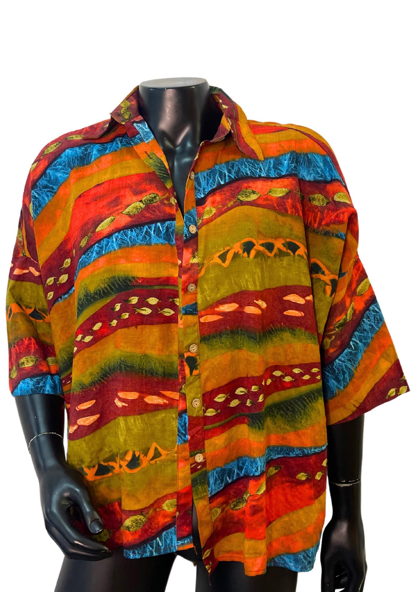Vintage Boho Batik Shirt – Bold Tribal Print Button-Up | Unisex Festival Shirt | Oversized Colorful 90s Style | Handmade Hippie Blouse