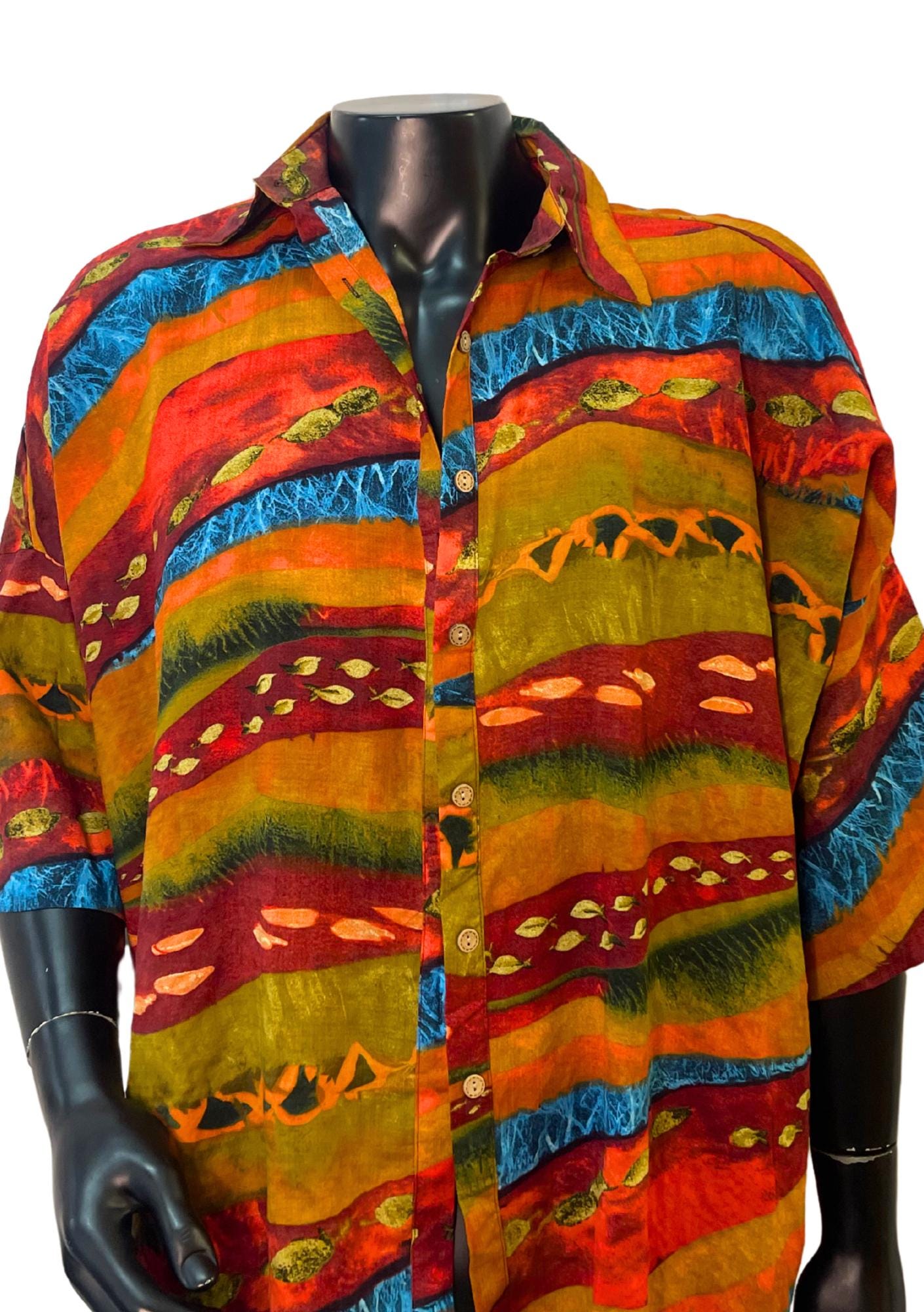 Vintage Boho Batik Shirt – Bold Tribal Print Button-Up | Unisex Festival Shirt | Oversized Colorful 90s Style | Handmade Hippie Blouse