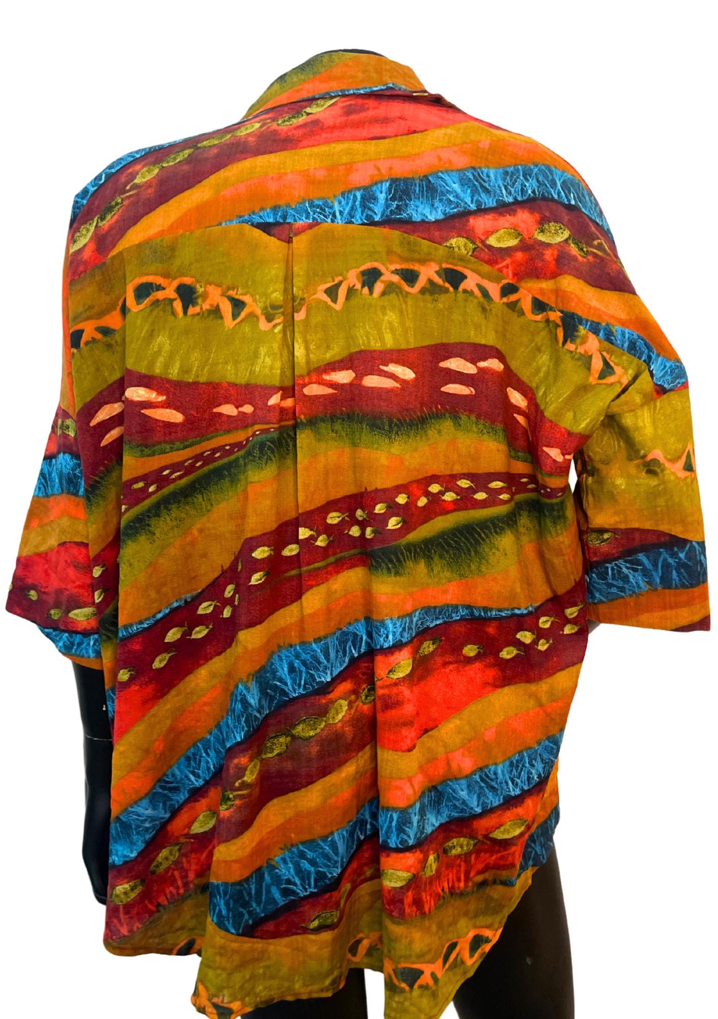 Vintage Boho Batik Shirt – Bold Tribal Print Button-Up | Unisex Festival Shirt | Oversized Colorful 90s Style | Handmade Hippie Blouse