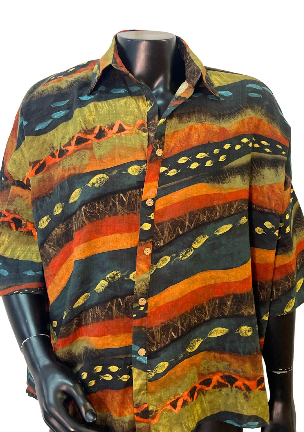 Vintage Earth Tone Batik Shirt – Oversized Tribal Print Button-Up | Handmade Unisex Festival Shirt | Retro 90s Boho Style | Artisan Clothing