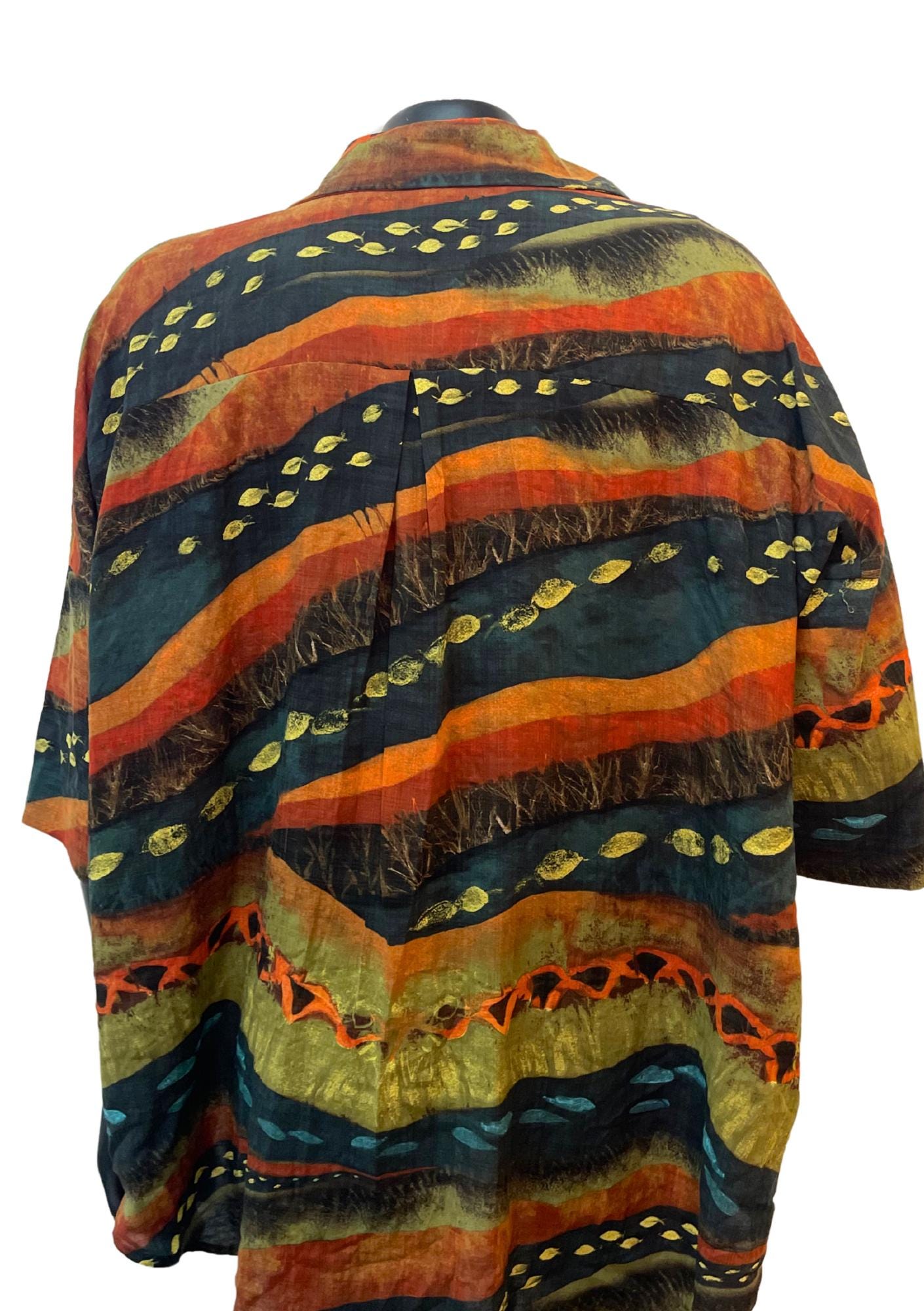 Vintage Earth Tone Batik Shirt – Oversized Tribal Print Button-Up | Handmade Unisex Festival Shirt | Retro 90s Boho Style | Artisan Clothing