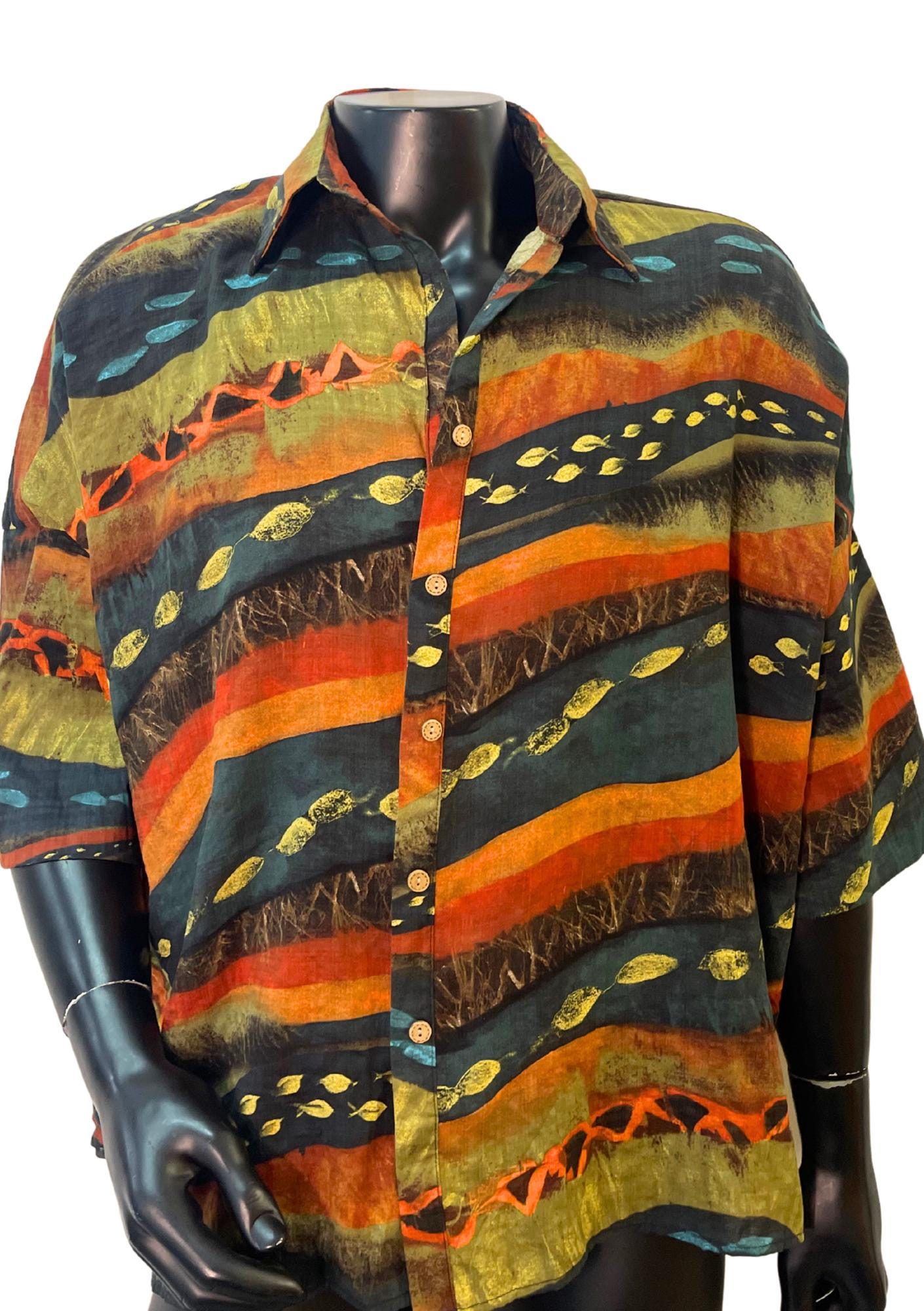 Vintage Earth Tone Batik Shirt – Oversized Tribal Print Button-Up | Handmade Unisex Festival Shirt | Retro 90s Boho Style | Artisan Clothing