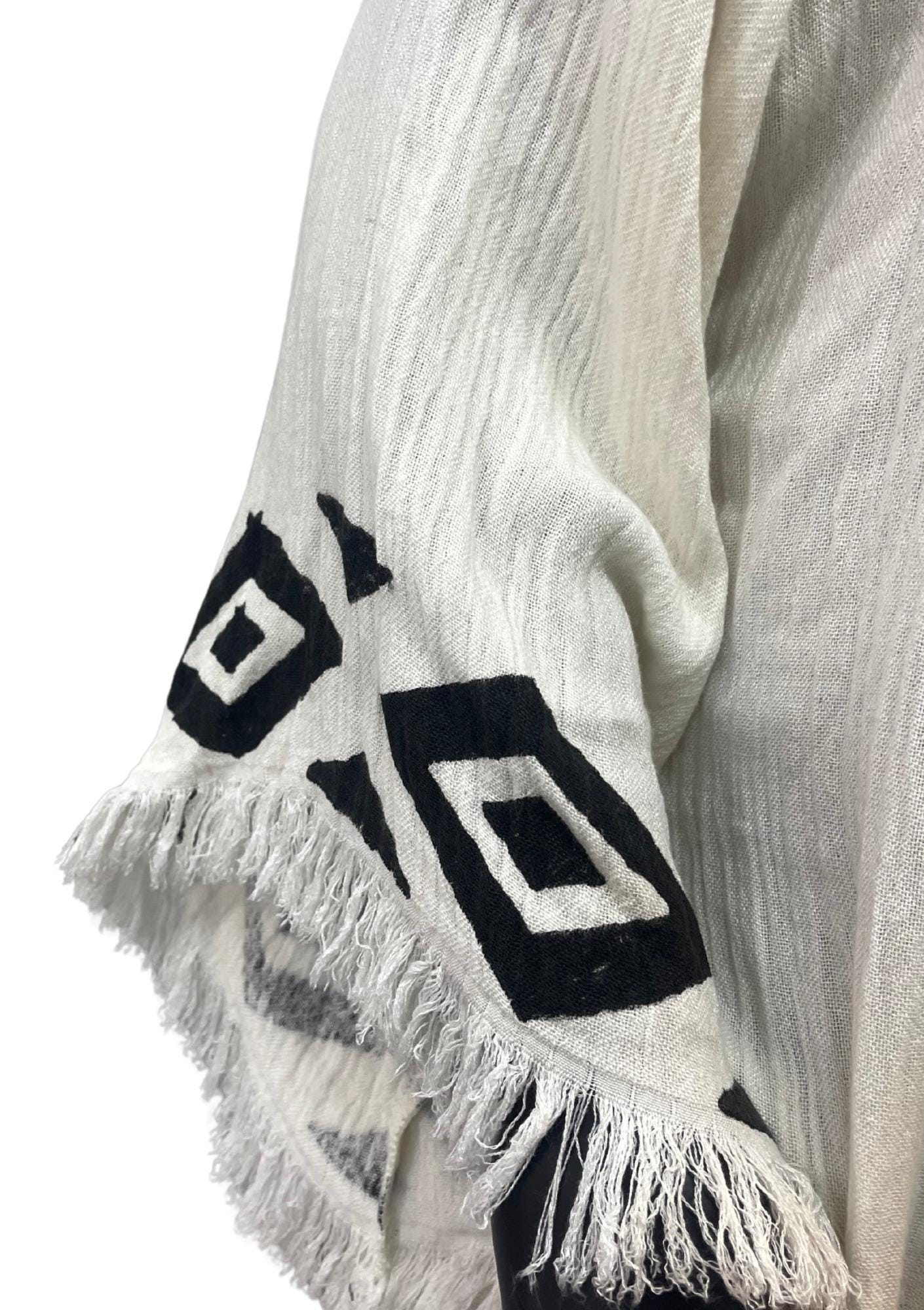 Tribal Diamond Fringe Kimono – Cream Boho Open Robe with Black Pattern | Unisex Lightweight Festival Duster | Artisan Layering Piece