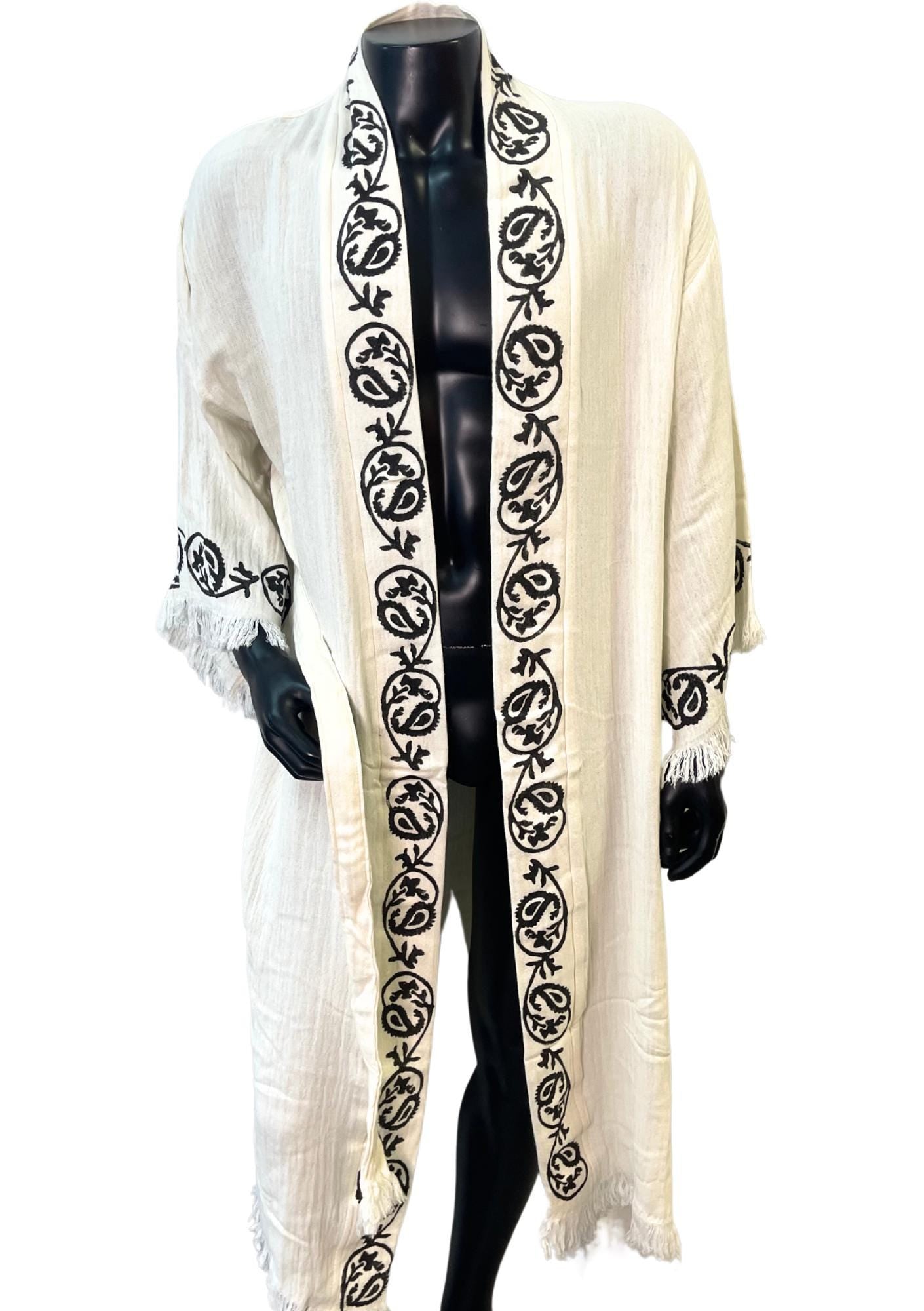 Embroidered Boho Kimono – Cream Fringe Robe with Black Floral Trim | Unisex Lightweight Duster | Resortwear | Open Front Kaftan
