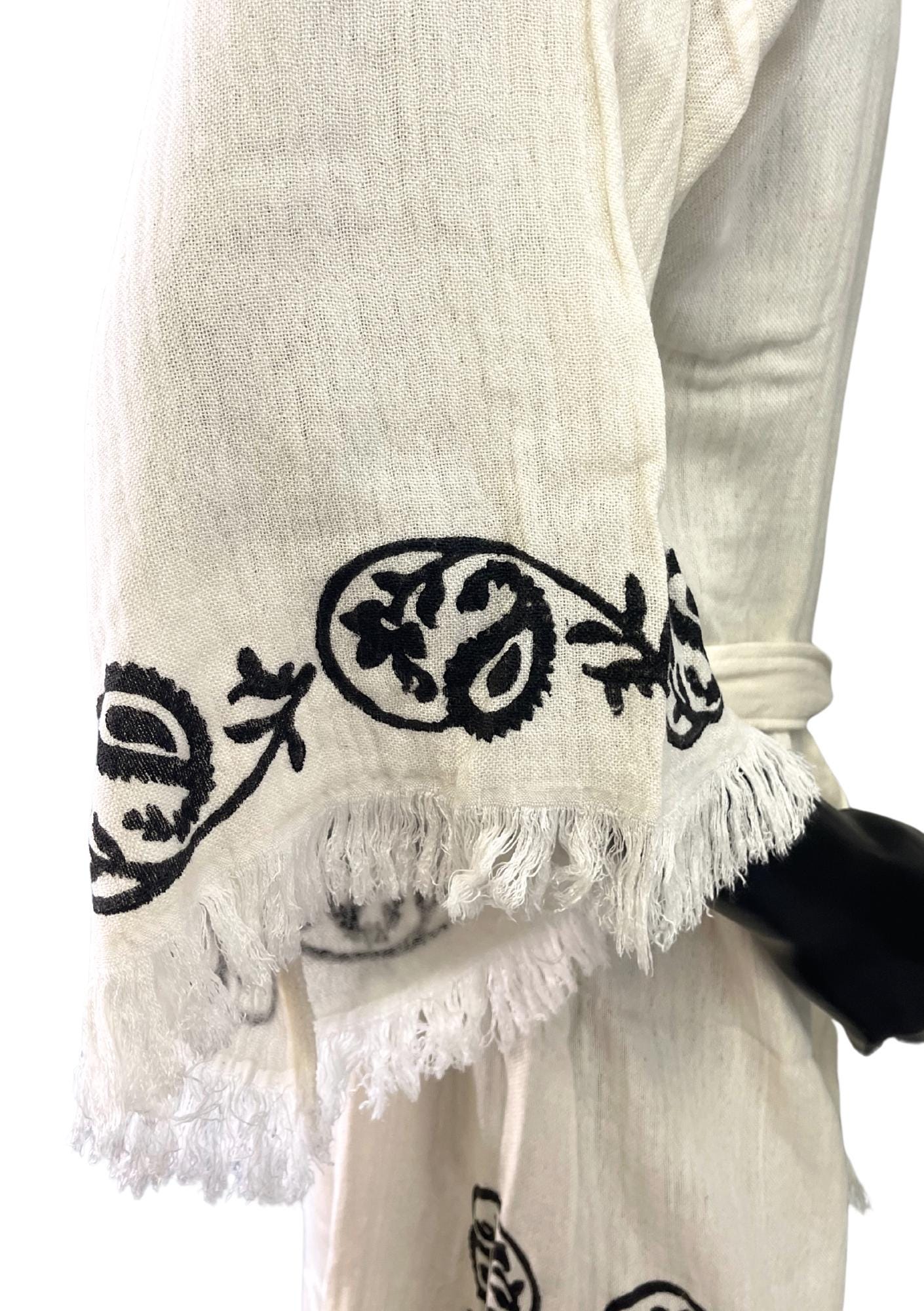 Embroidered Boho Kimono – Cream Fringe Robe with Black Floral Trim | Unisex Lightweight Duster | Resortwear | Open Front Kaftan