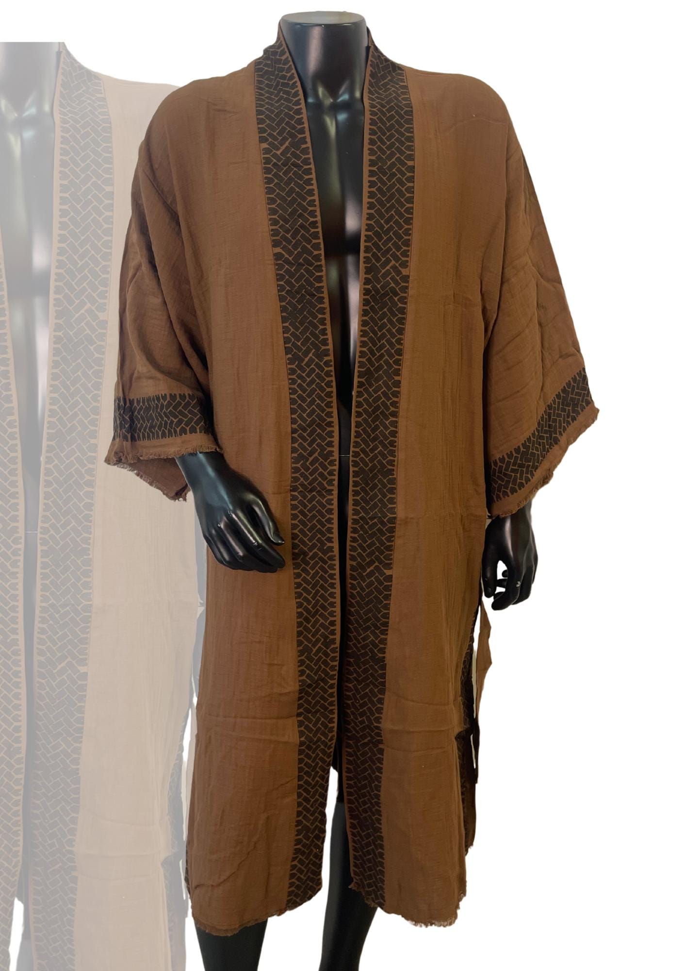 Chocolate Brown Tribal Kimono – Unisex Earth-Tone Fringe Robe with Black Trim | Boho Duster Jacket | Handmade Lightweight Festival Layer
