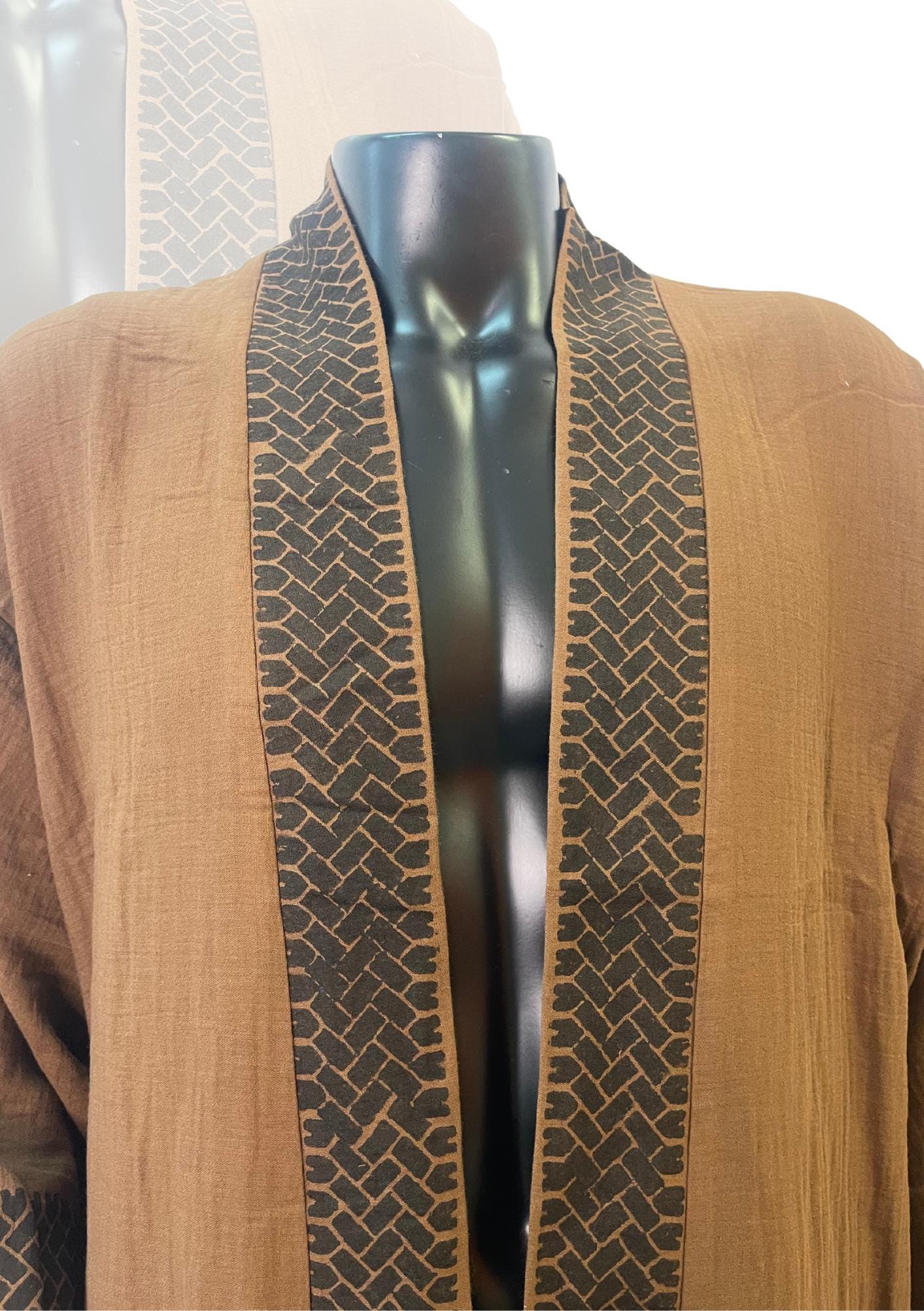 Chocolate Brown Tribal Kimono – Unisex Earth-Tone Fringe Robe with Black Trim | Boho Duster Jacket | Handmade Lightweight Festival Layer