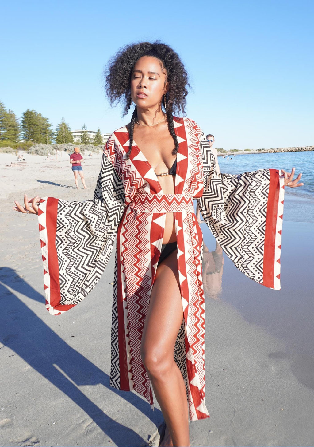 Tribal Print Kimono Robe – Boho Beach Cover Up | Handmade South American-Inspired Duster | Bold Red & Black Geometric Design