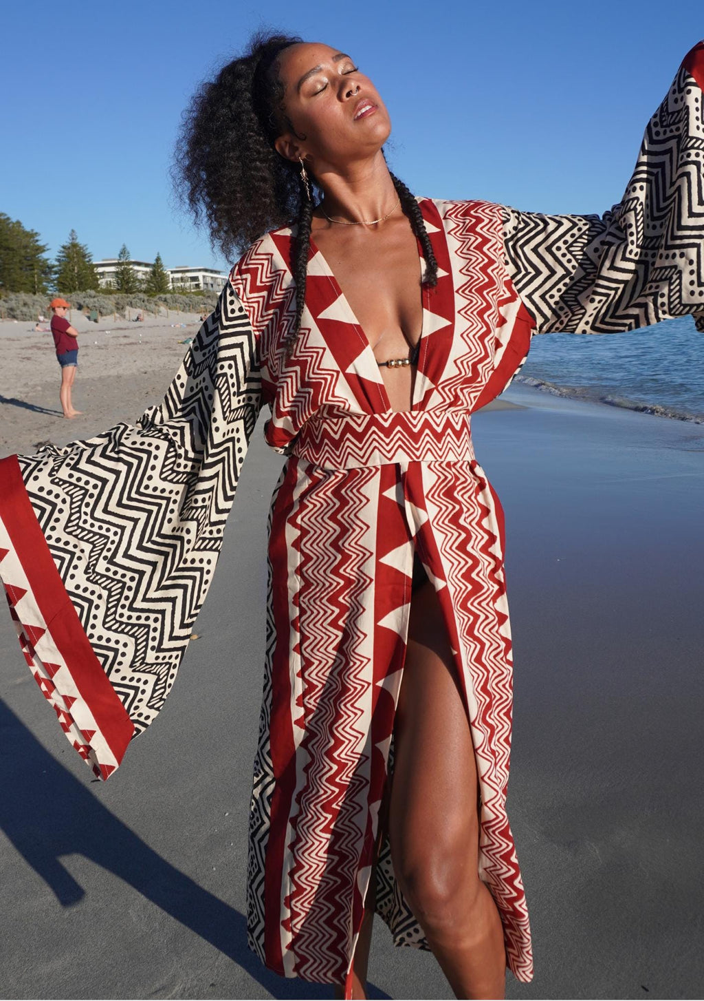 Tribal Print Kimono Robe – Boho Beach Cover Up | Handmade South American-Inspired Duster | Bold Red & Black Geometric Design