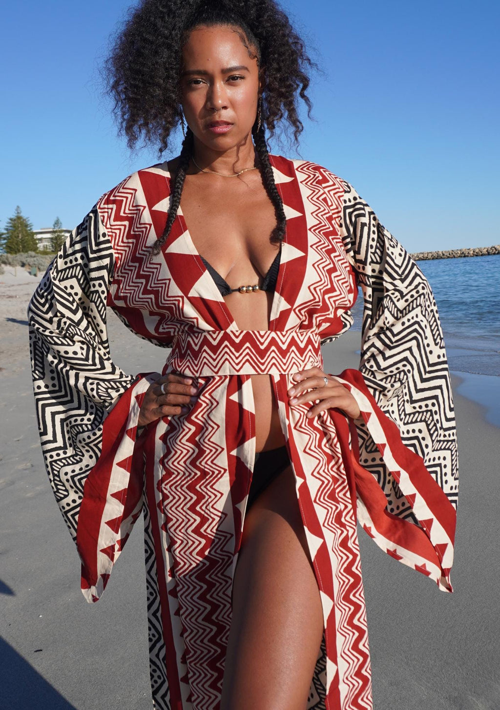 Tribal Print Kimono Robe – Boho Beach Cover Up | Handmade South American-Inspired Duster | Bold Red & Black Geometric Design