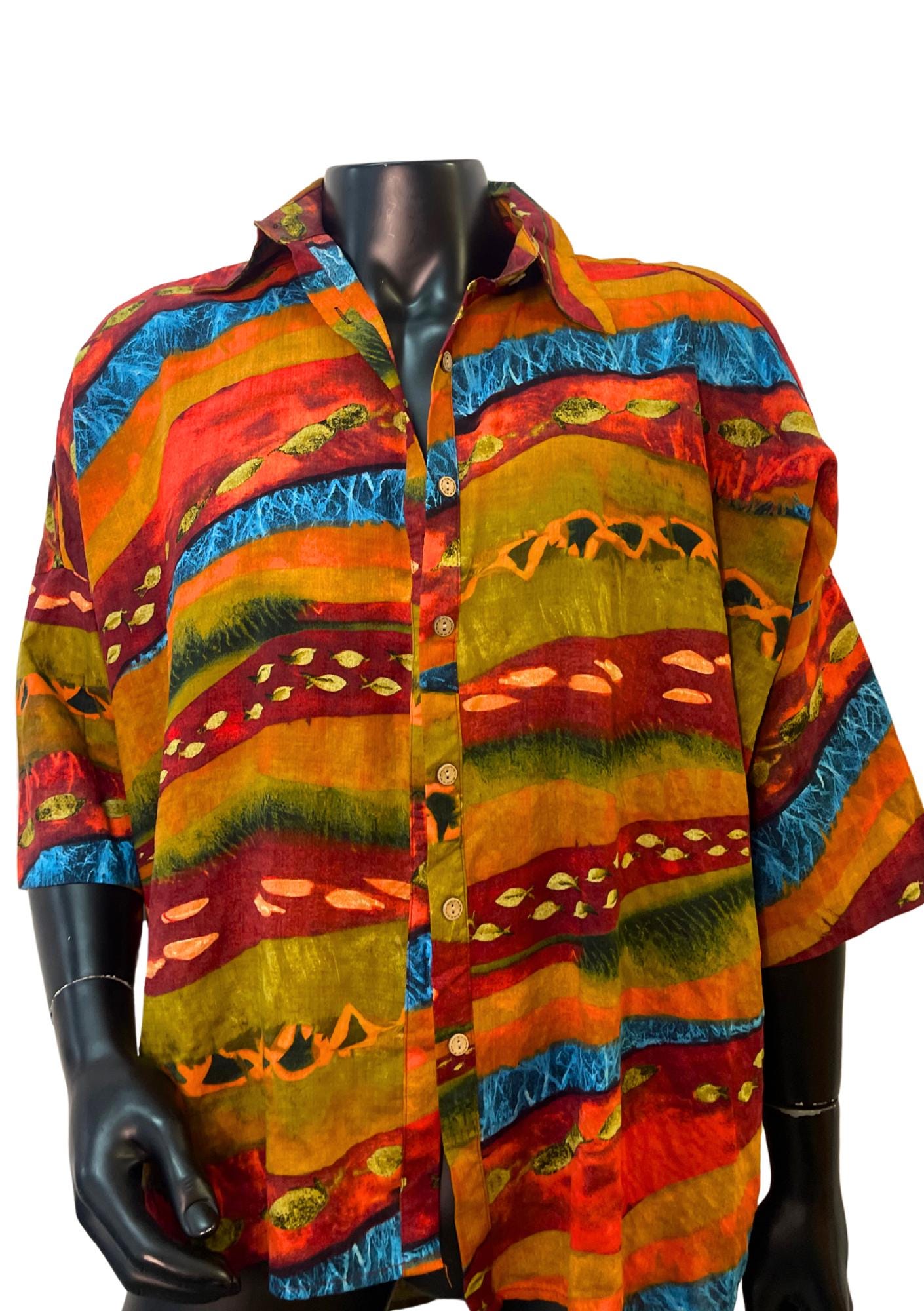 Vintage Boho Batik Shirt – Bold Tribal Print Button-Up | Unisex Festival Shirt | Oversized Colorful 90s Style | Handmade Hippie Blouse