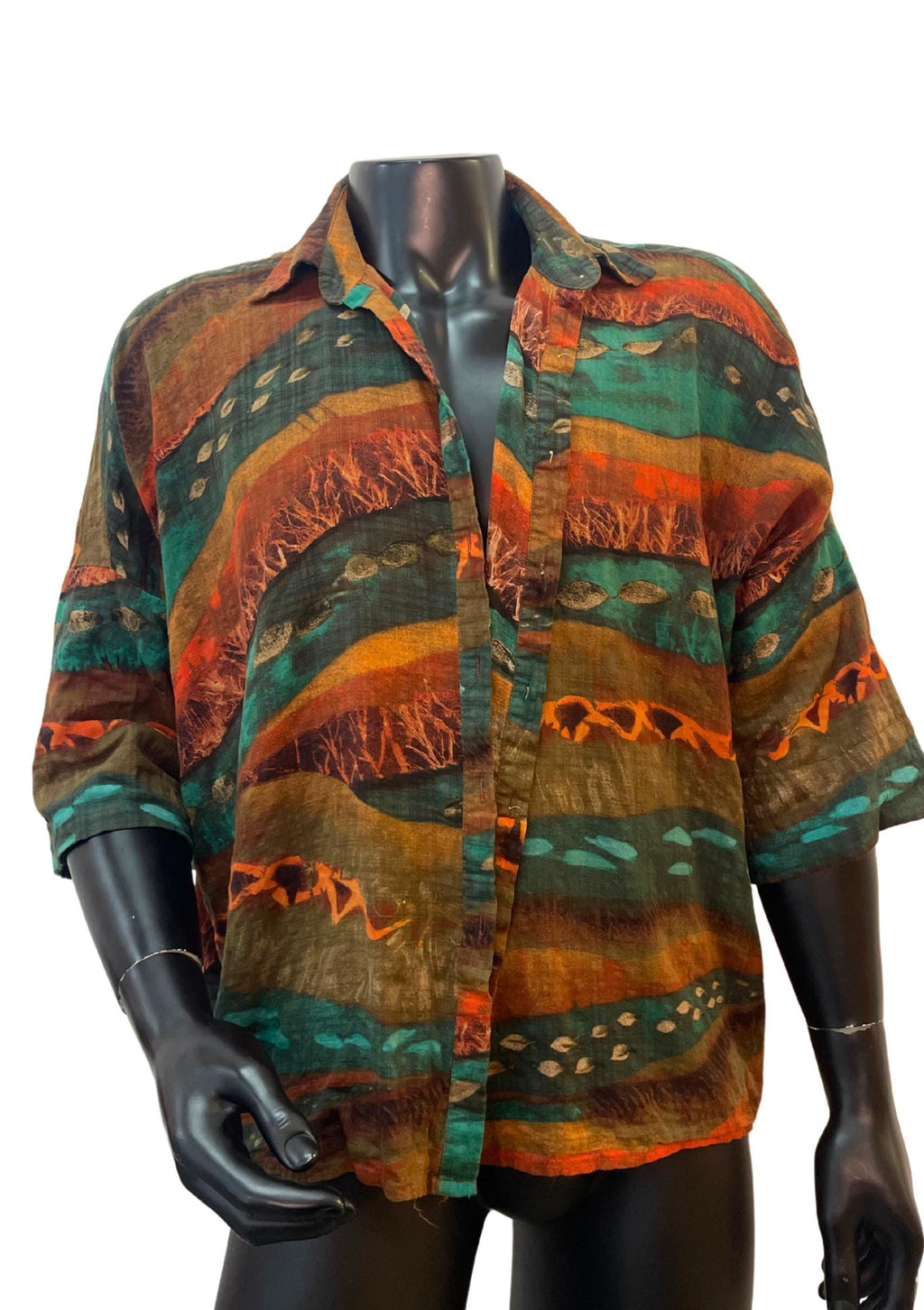 Earth Tone Batik Shirt – Vintage Tribal Print Button-Up | Handmade Unisex Oversized Shirt | Boho Festival Top | Retro 90s Style Blouse
