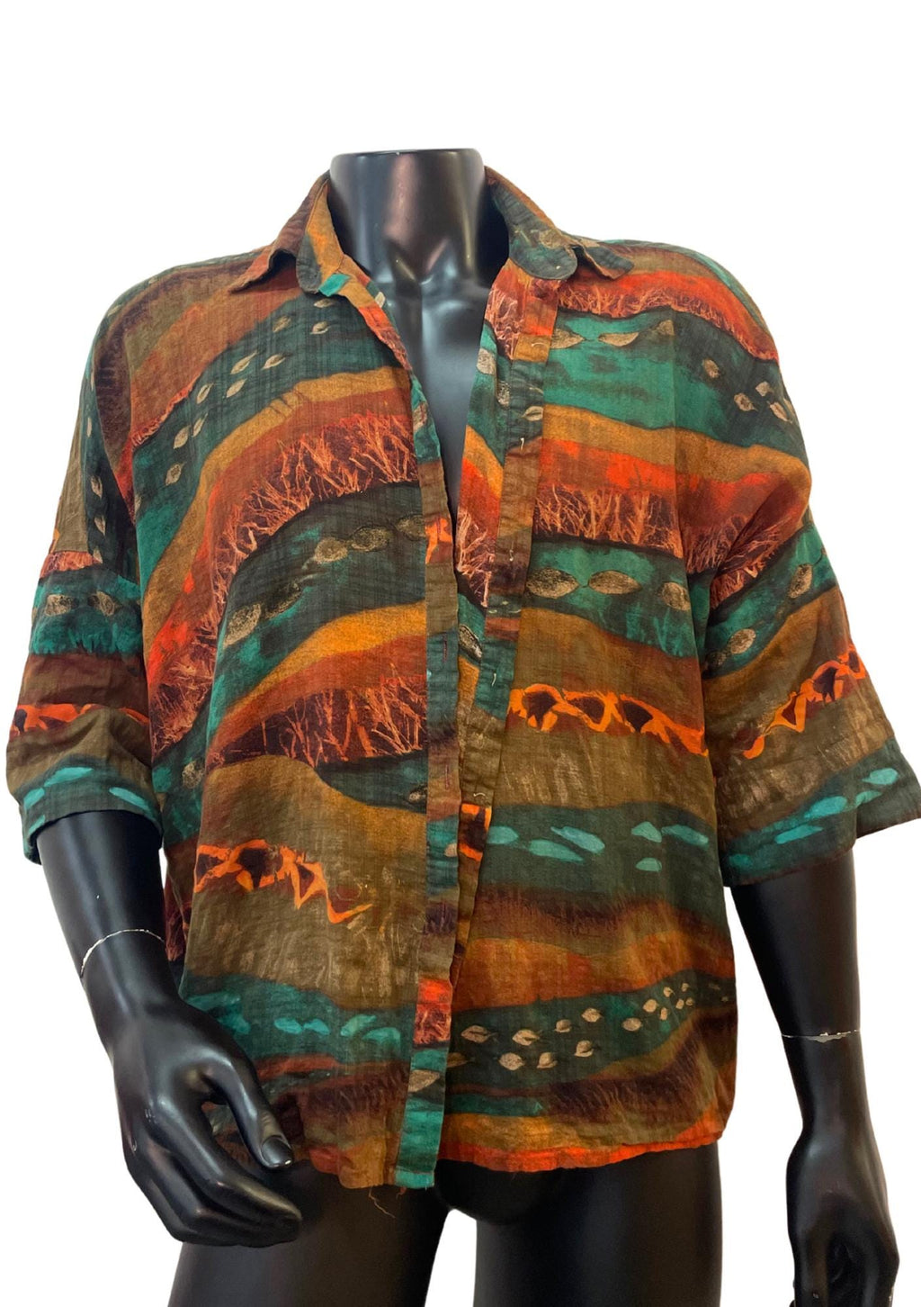 Earth Tone Batik Shirt – Vintage Tribal Print Button-Up | Handmade Unisex Oversized Shirt | Boho Festival Top | Retro 90s Style Blouse