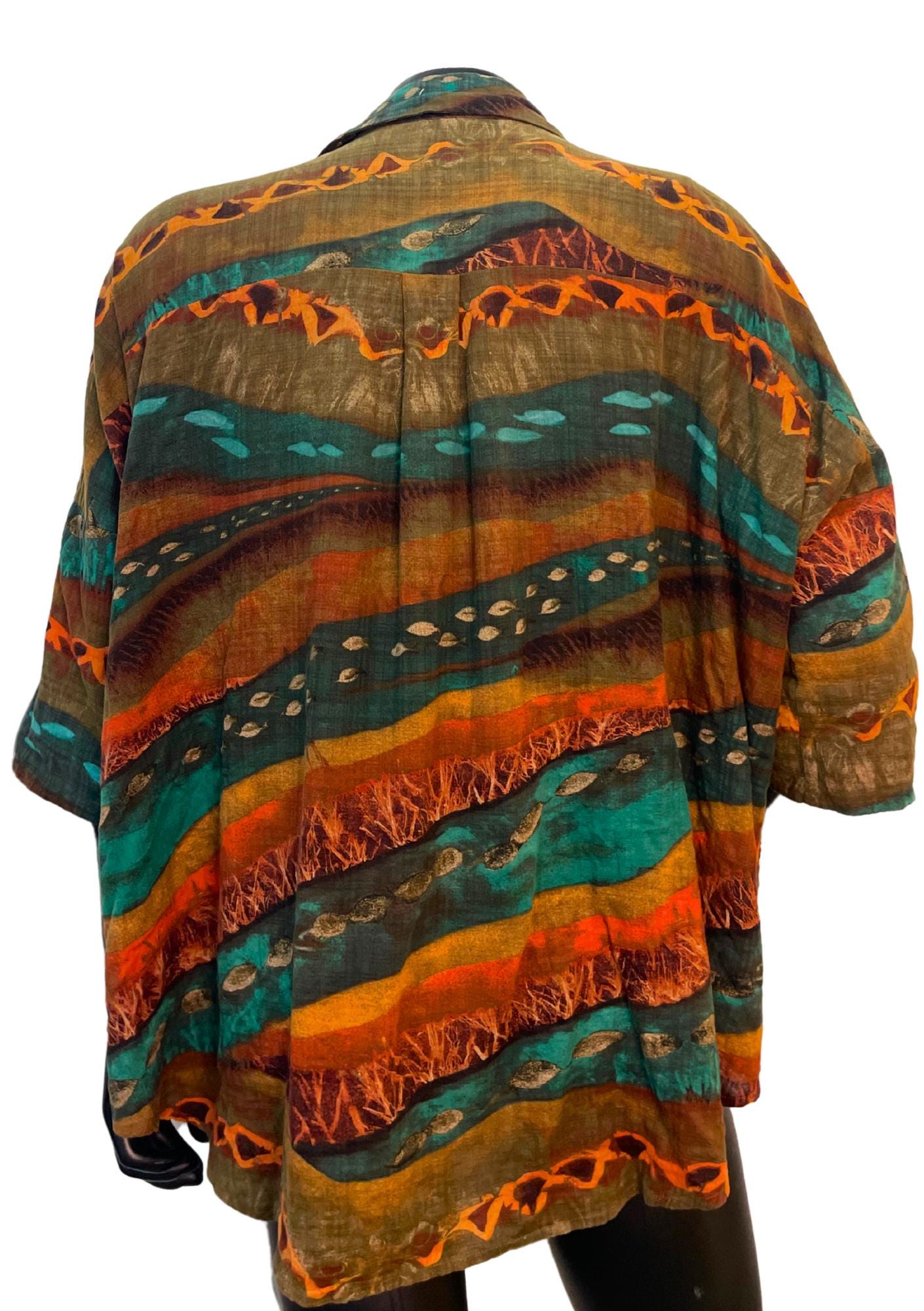 Earth Tone Batik Shirt – Vintage Tribal Print Button-Up | Handmade Unisex Oversized Shirt | Boho Festival Top | Retro 90s Style Blouse