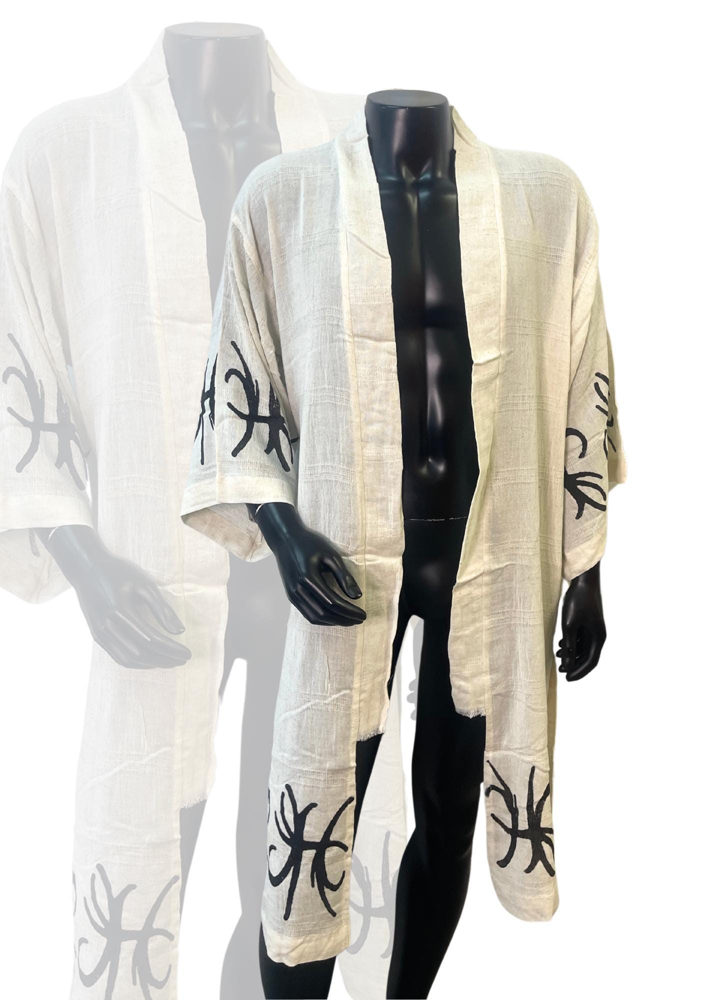 Tribal Linen Kimono – Handcrafted Open Robe with Symbolic Black Print | Unisex Lightweight Duster | Boho Resortwear Cover Up
