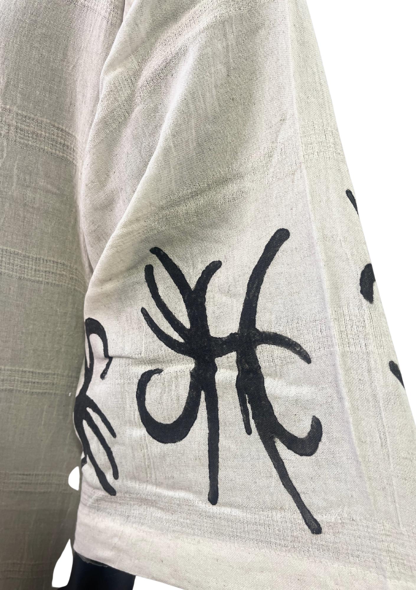 Tribal Linen Kimono – Handcrafted Open Robe with Symbolic Black Print | Unisex Lightweight Duster | Boho Resortwear Cover Up