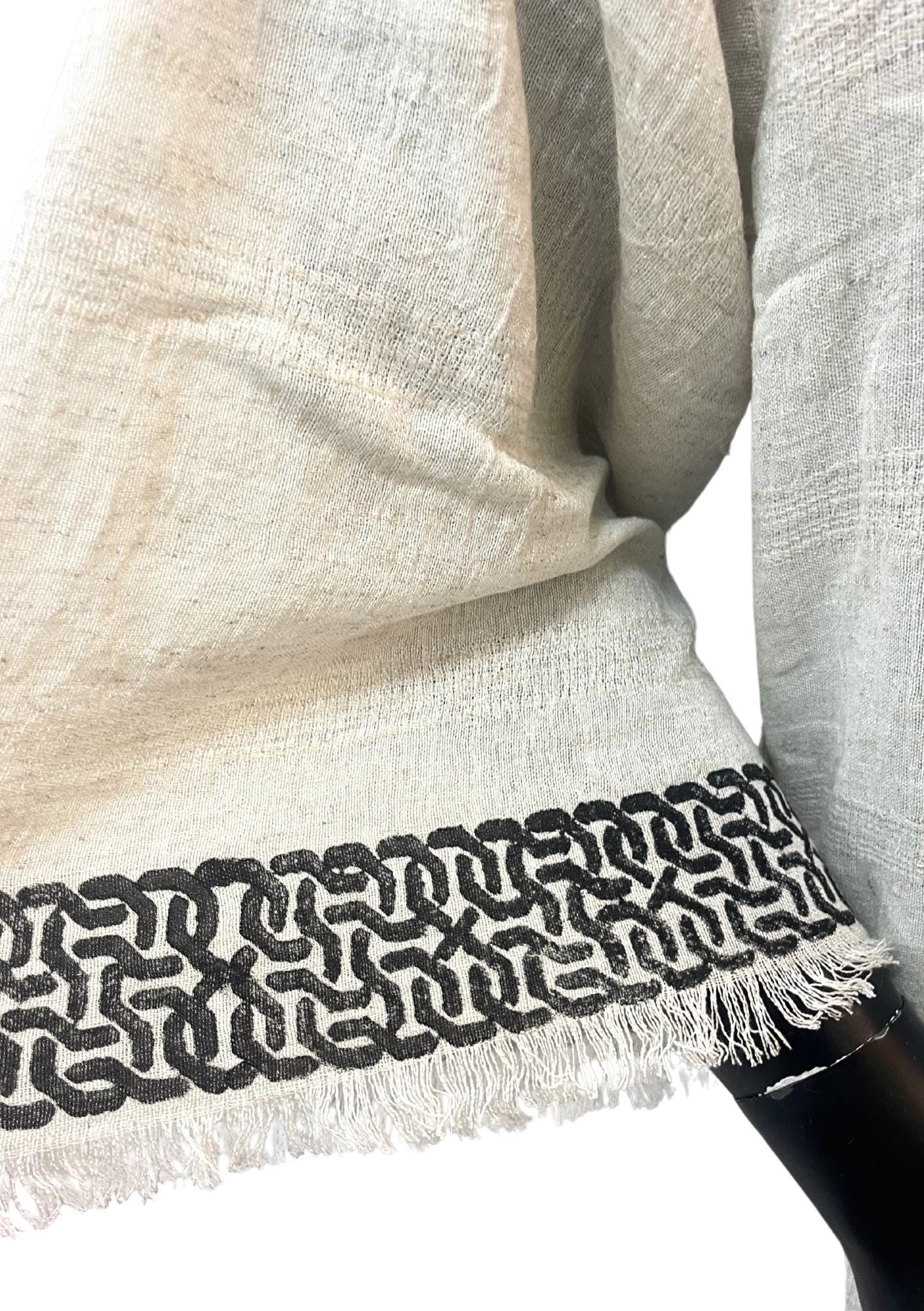 Minimalist Linen Kimono with Geometric Trim – Unisex Open Robe | Natural Boho Duster | Lightweight Ethical Loungewear