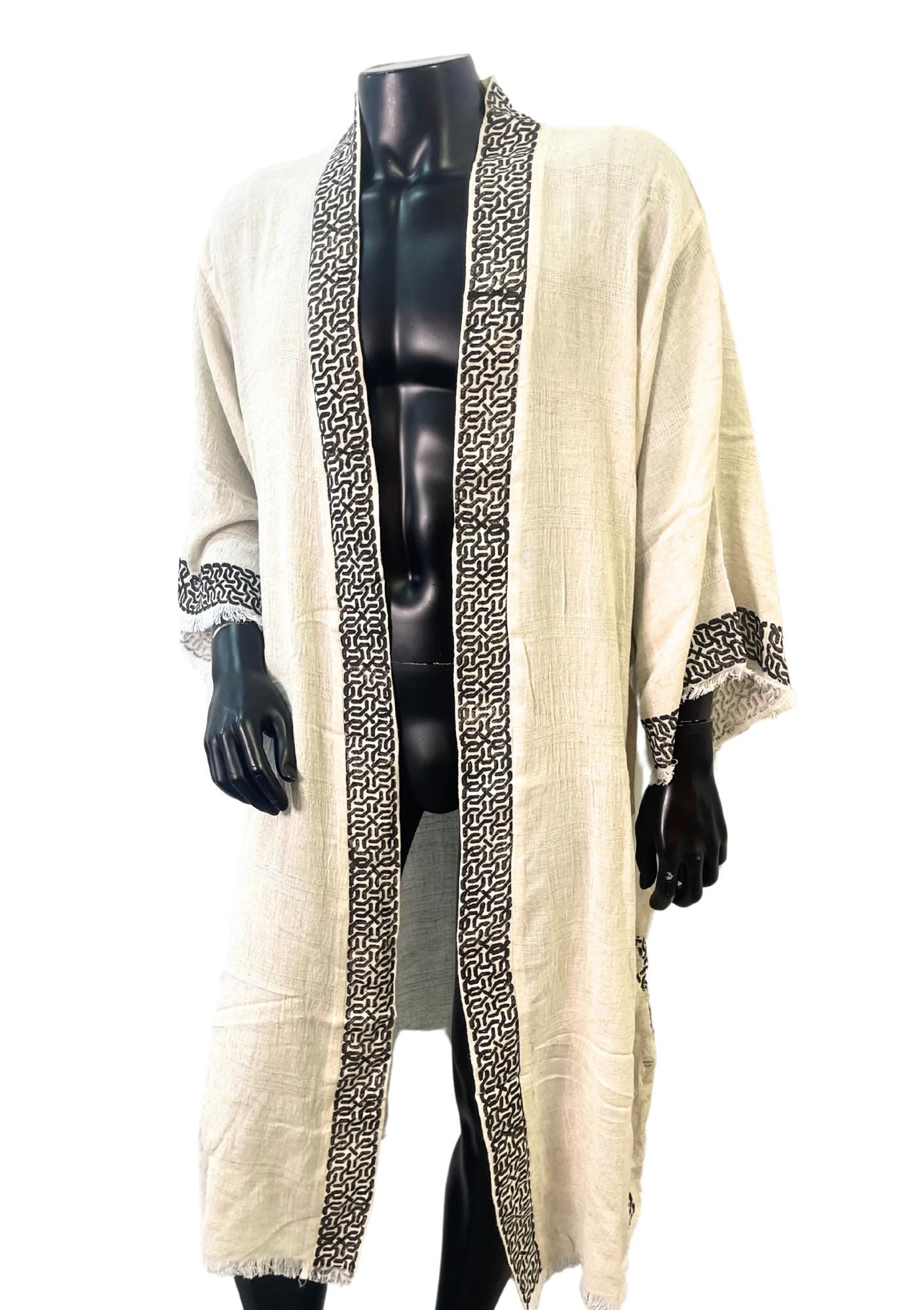 Minimalist Linen Kimono with Geometric Trim – Unisex Open Robe | Natural Boho Duster | Lightweight Ethical Loungewear