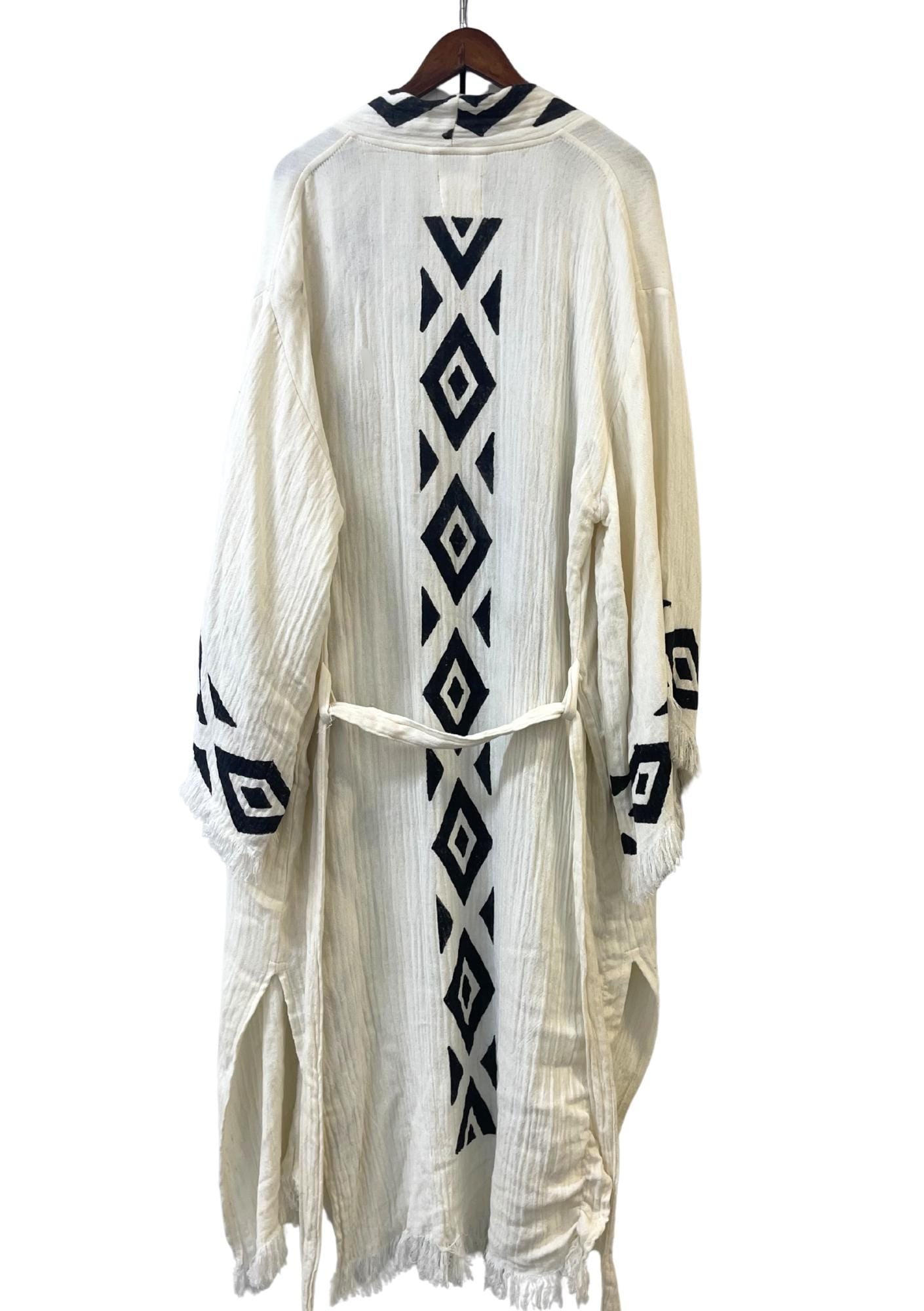 Tribal Diamond Fringe Kimono – Cream Boho Open Robe with Black Pattern | Unisex Lightweight Festival Duster | Artisan Layering Piece