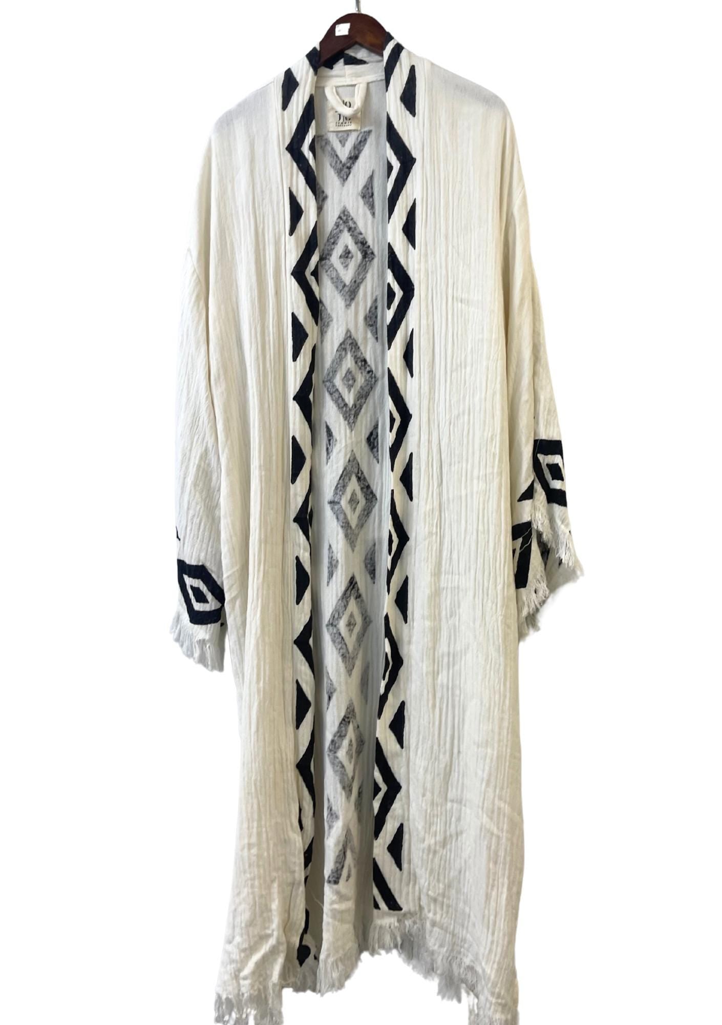 Tribal Diamond Fringe Kimono – Cream Boho Open Robe with Black Pattern | Unisex Lightweight Festival Duster | Artisan Layering Piece