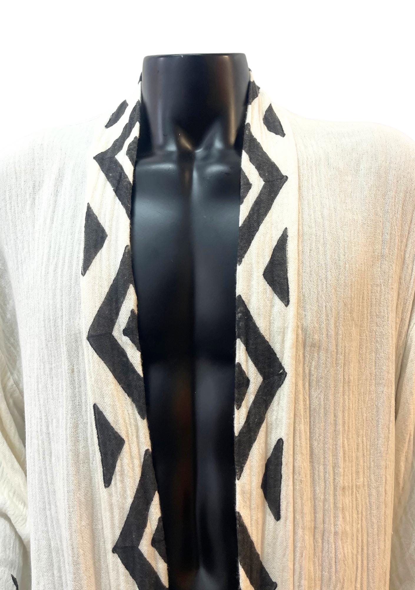 Tribal Diamond Fringe Kimono – Cream Boho Open Robe with Black Pattern | Unisex Lightweight Festival Duster | Artisan Layering Piece