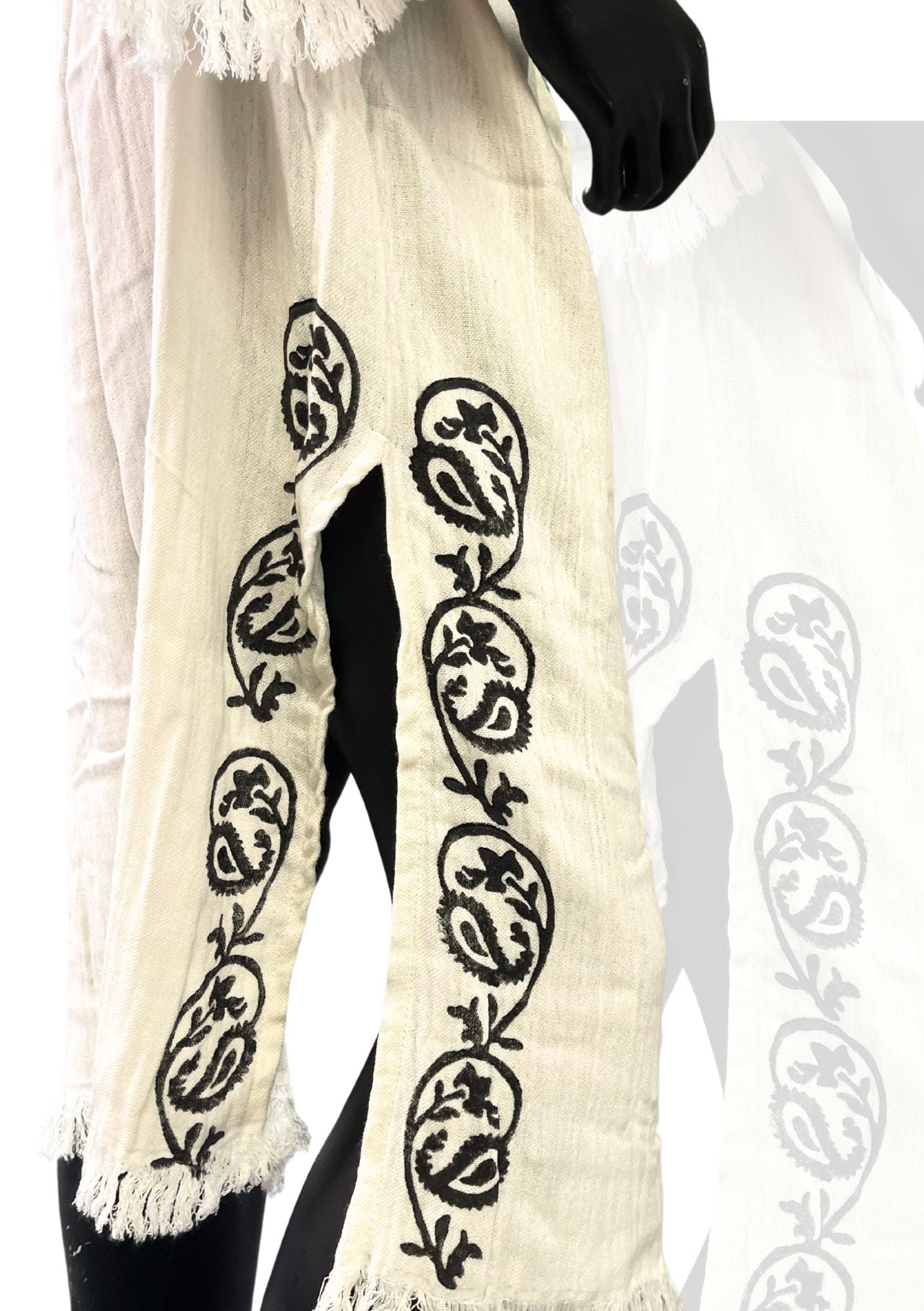 Embroidered Boho Kimono – Cream Fringe Robe with Black Floral Trim | Unisex Lightweight Duster | Resortwear | Open Front Kaftan