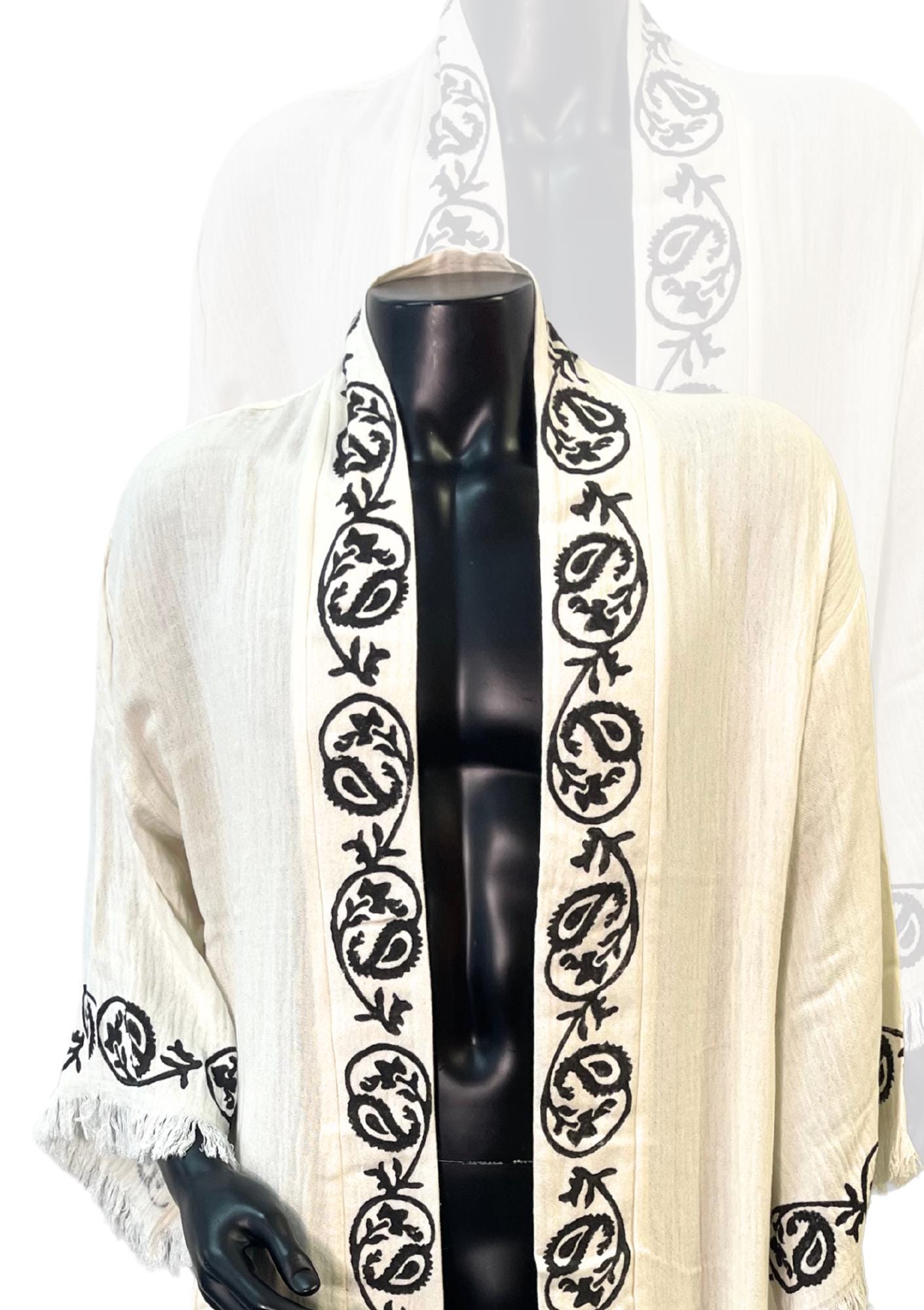 Embroidered Boho Kimono – Cream Fringe Robe with Black Floral Trim | Unisex Lightweight Duster | Resortwear | Open Front Kaftan