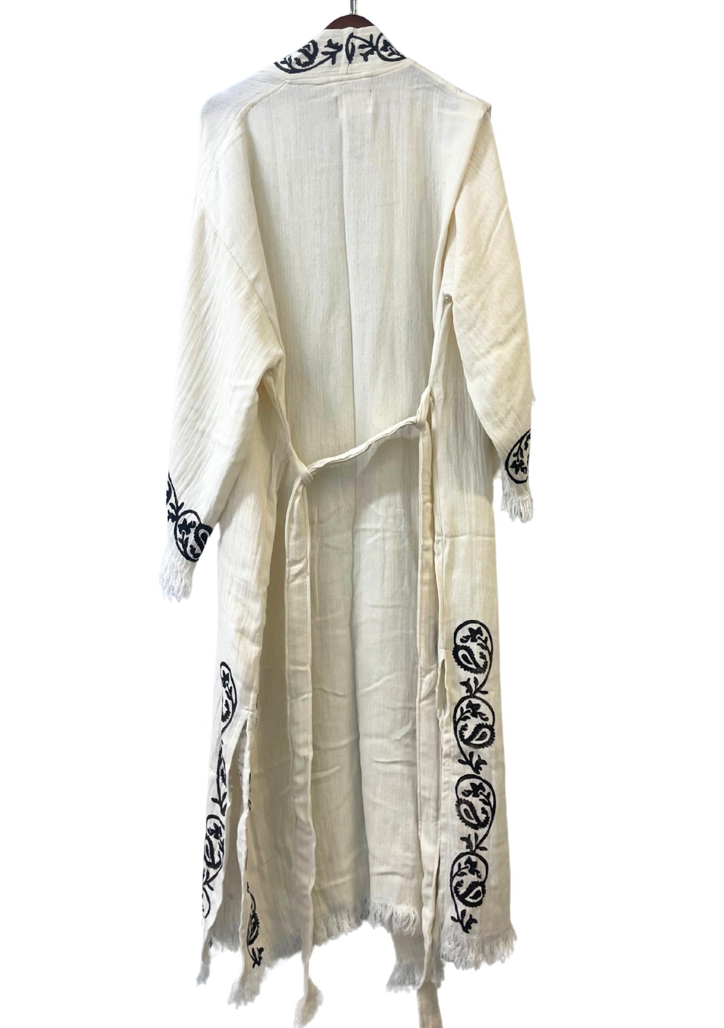 Embroidered Boho Kimono – Cream Fringe Robe with Black Floral Trim | Unisex Lightweight Duster | Resortwear | Open Front Kaftan