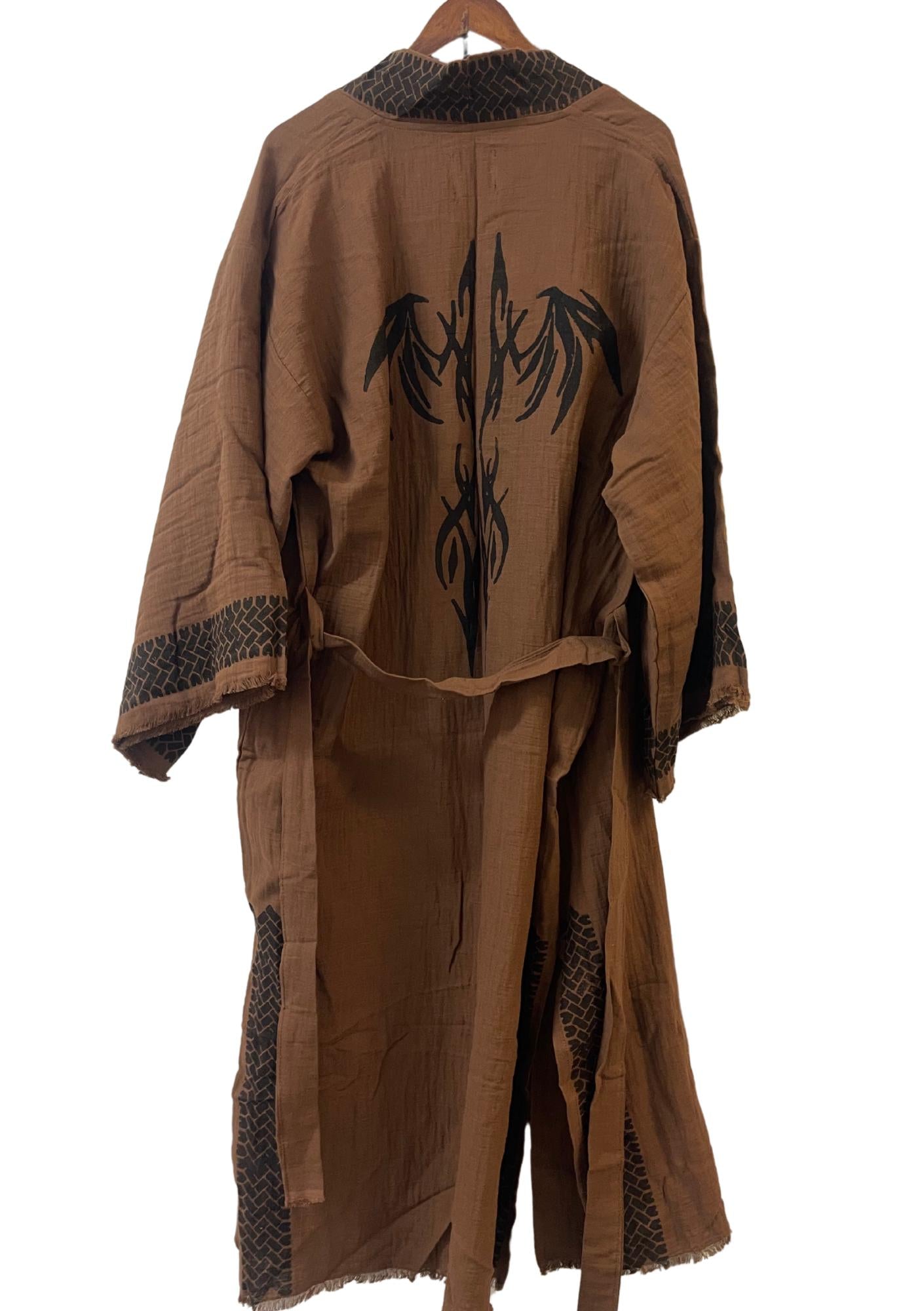 Chocolate Brown Tribal Kimono – Unisex Earth-Tone Fringe Robe with Black Trim | Boho Duster Jacket | Handmade Lightweight Festival Layer