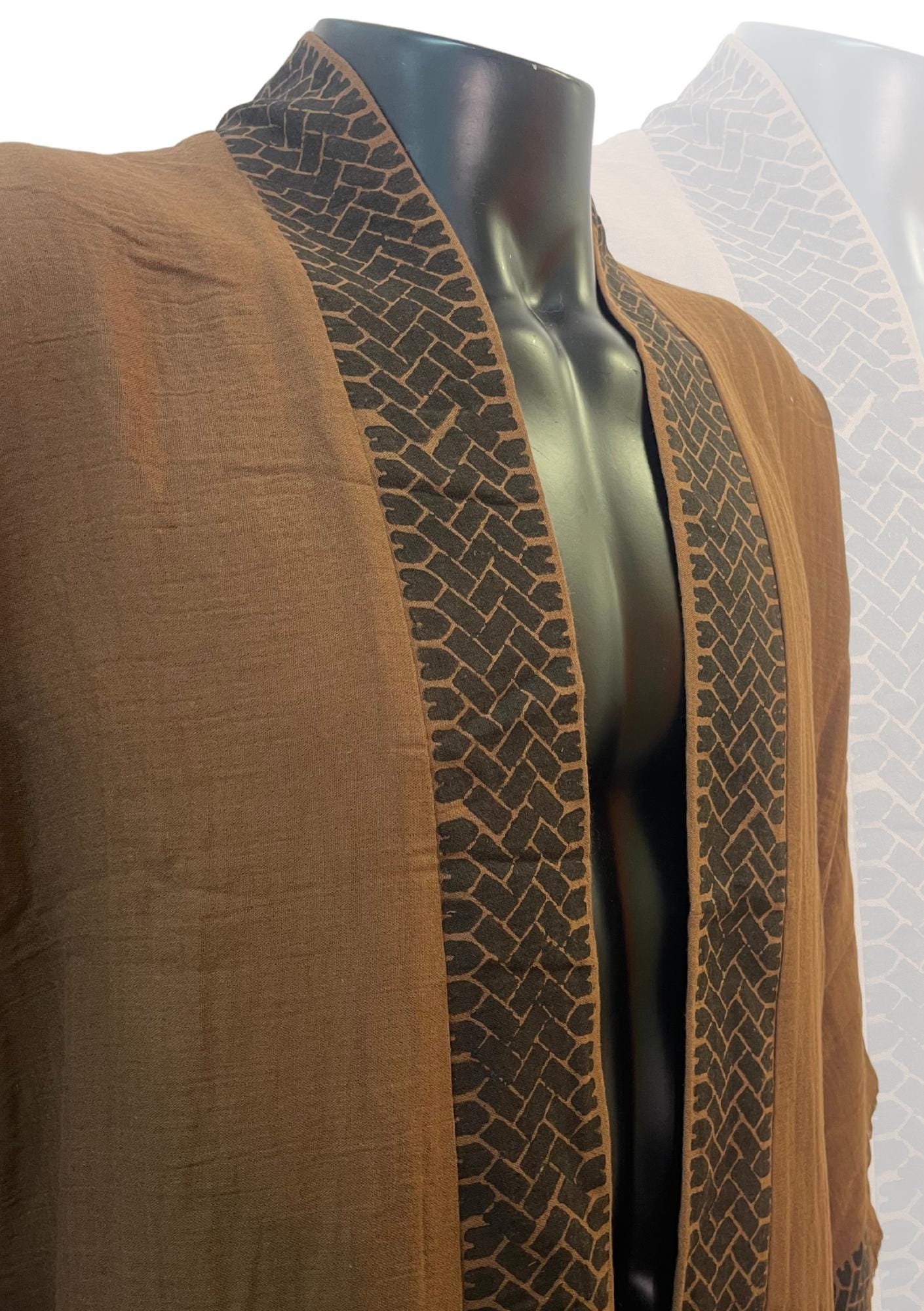 Chocolate Brown Tribal Kimono – Unisex Earth-Tone Fringe Robe with Black Trim | Boho Duster Jacket | Handmade Lightweight Festival Layer