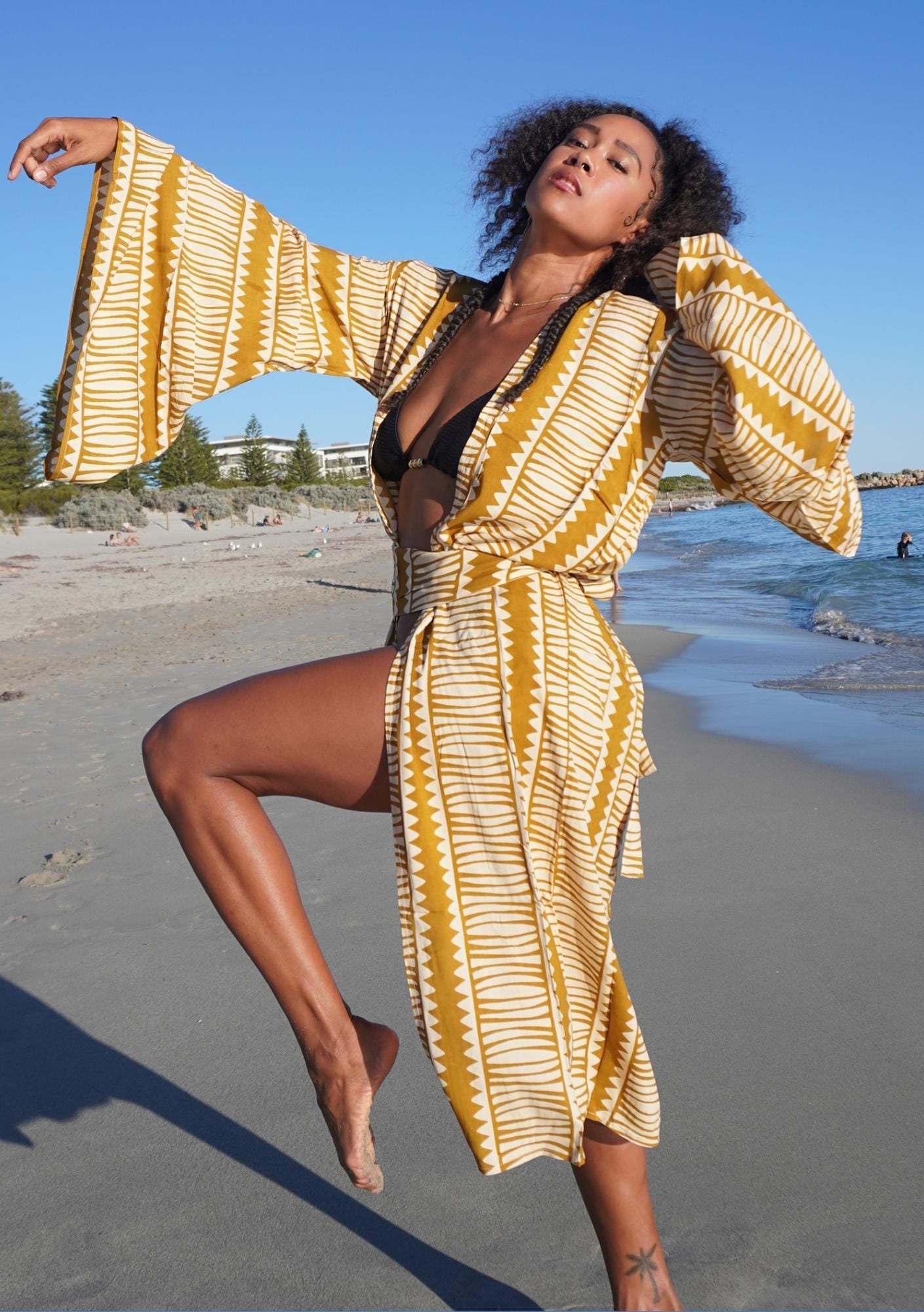 Mustard Yellow Tribal Kimono – Lightweight Boho Robe with Belt