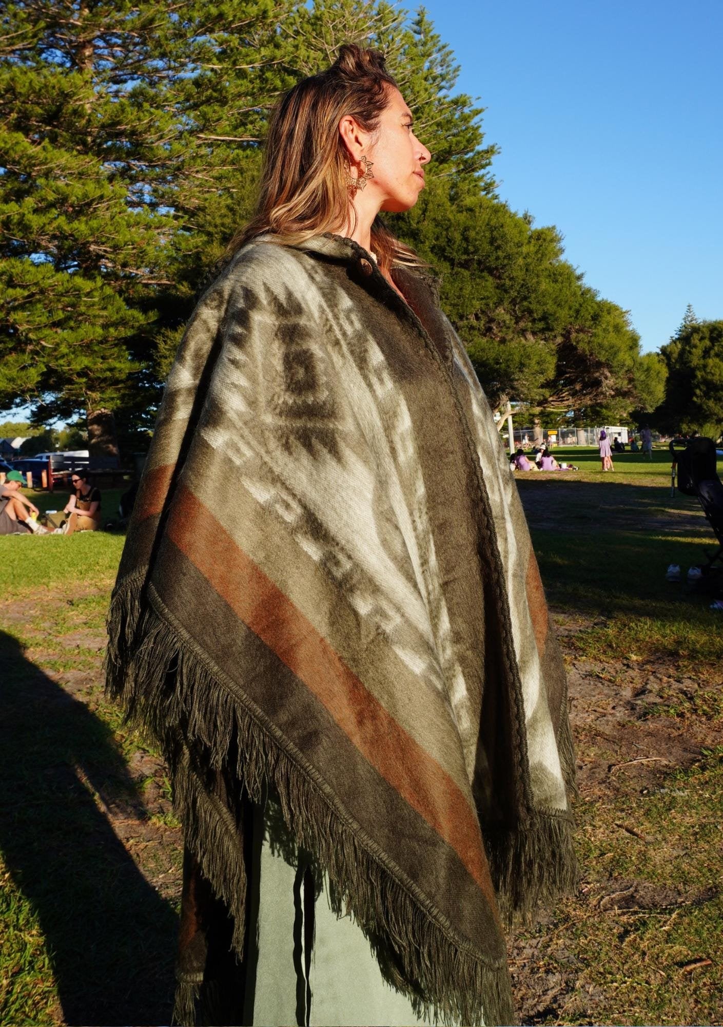 Green Baby Alpaca Poncho – Earthy Hooded Fringe Cape