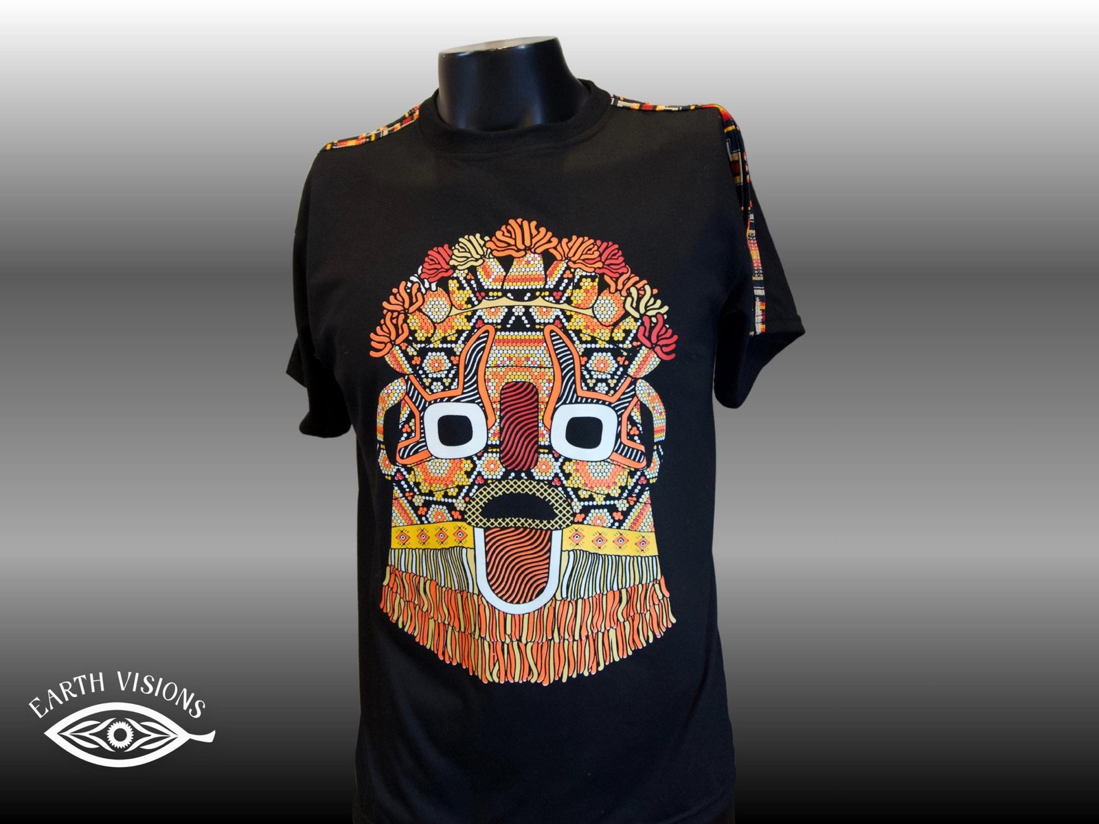 UV Reactive Tribal Mask Tee – Black Andean-Inspired T-Shirt