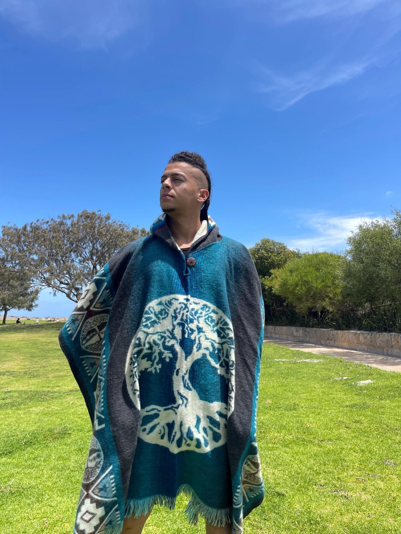 Alpaca Reversible Poncho (Tree of Life, Blue Base)