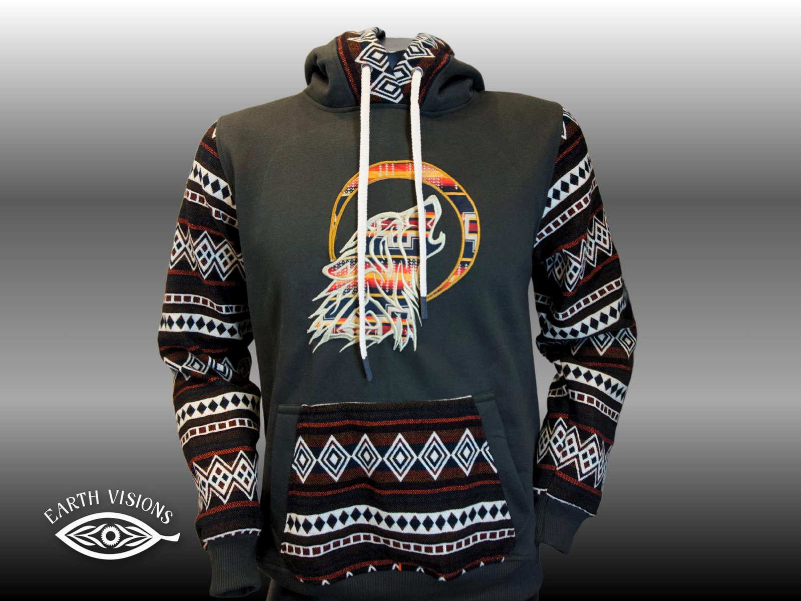 Tribal Wolf Hoodie – Green Charcoal Pullover