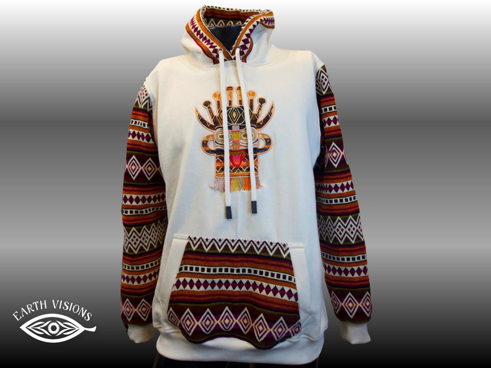 Tribal-Inspired White Hoodie – Andean Embroidered Pullover