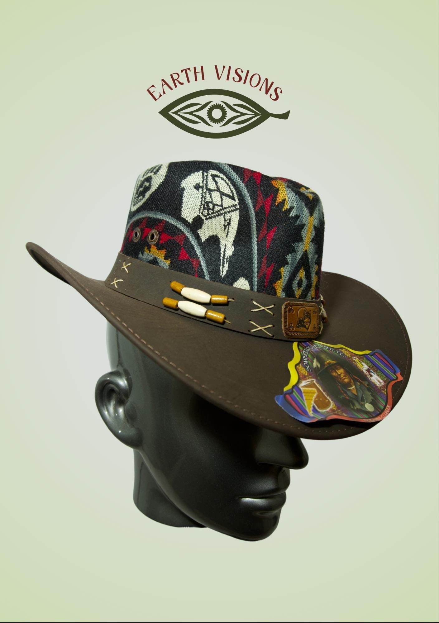 Dark Brown Leather Hat with Tribal Pattern