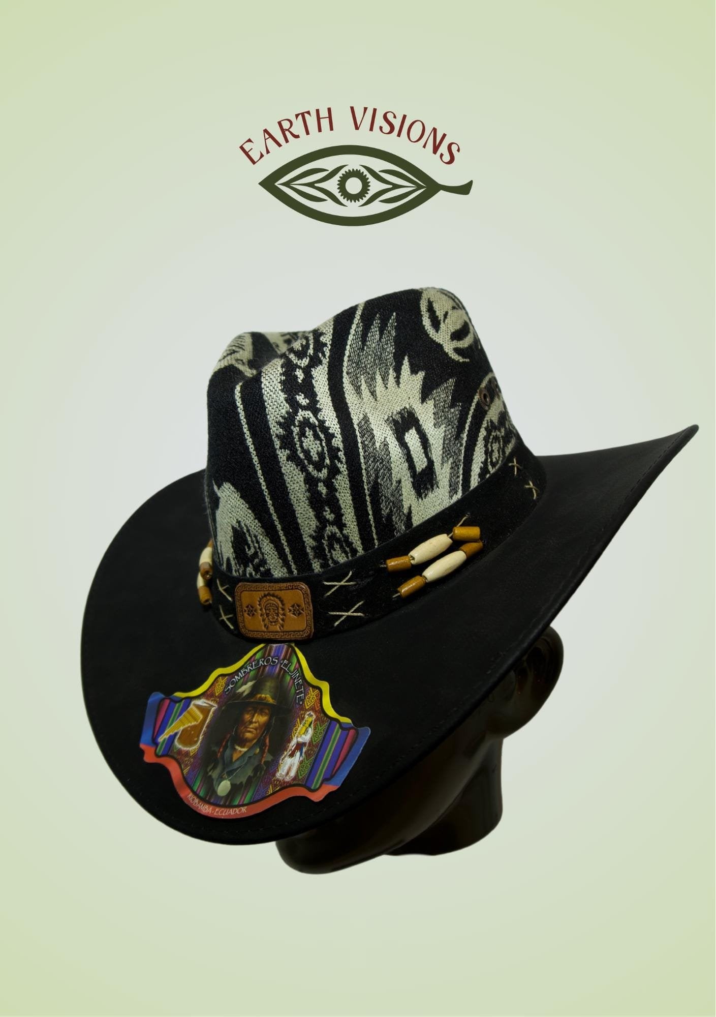 Black Leather Hat with Tribal Pattern
