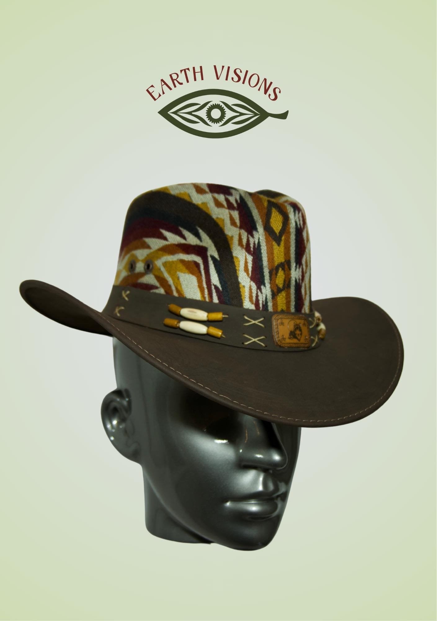 Dark Brown Leather Hat with Tribal Pattern